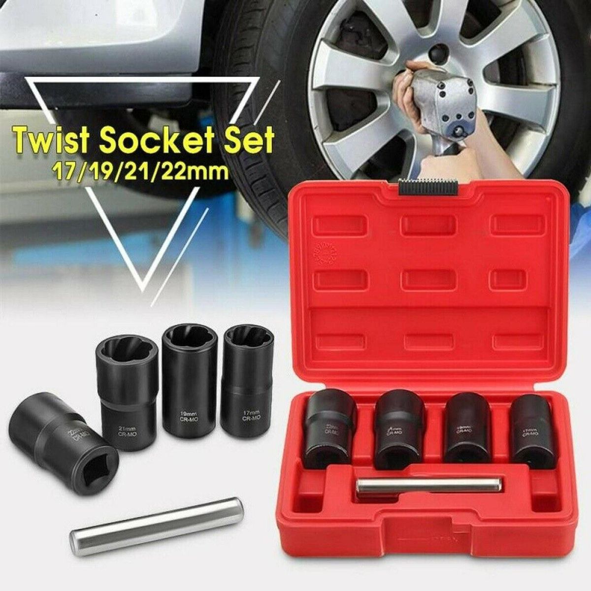 5Pcs/Set Twist Socket Kit 4 Damaged Worn Lug Nut & Lock Remover 17/19/21/22mm (Blue)