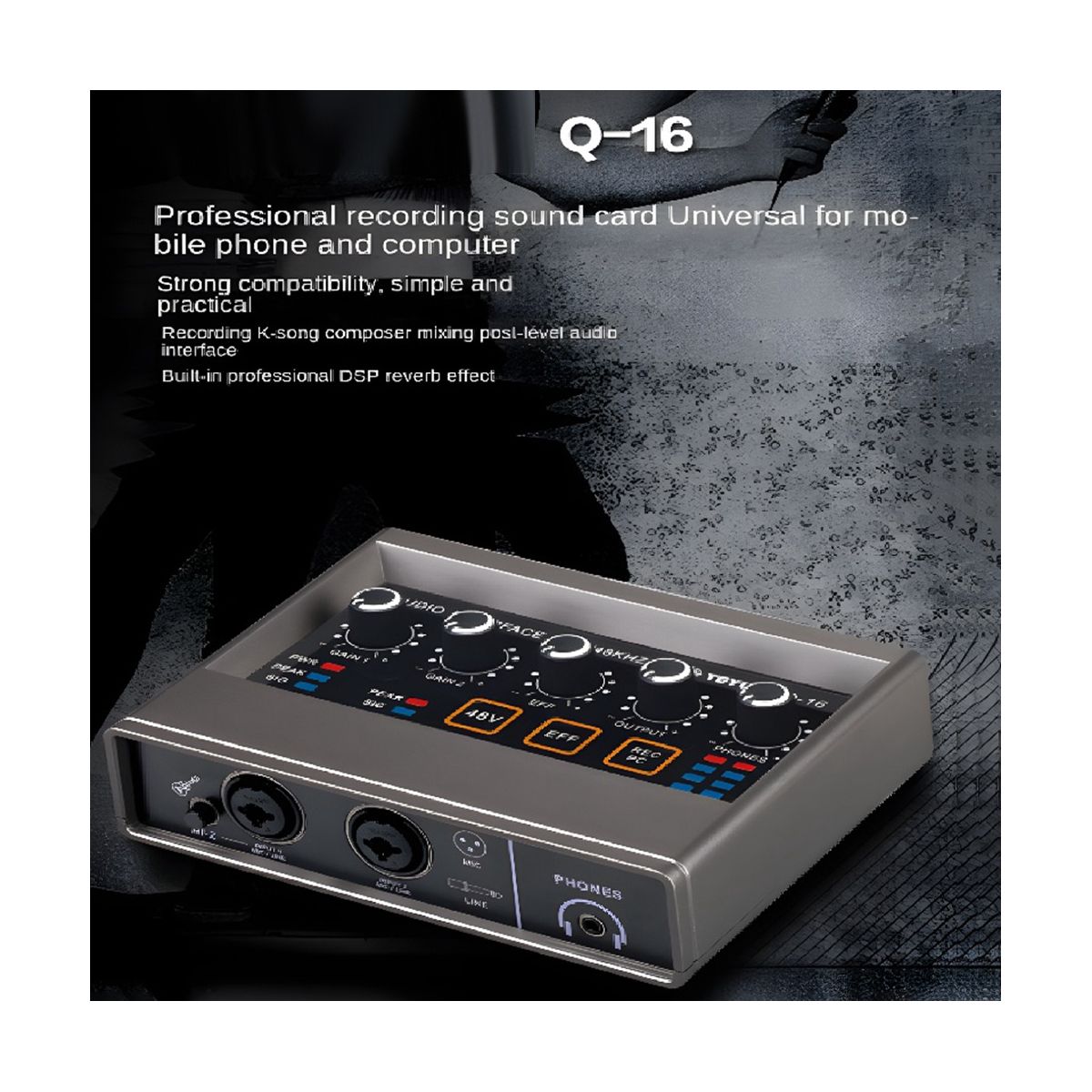 Audio Interface Sound Card 48KHz Converter Electric Guitar Live Broadcast Professional Studio for Karaoke Recording
