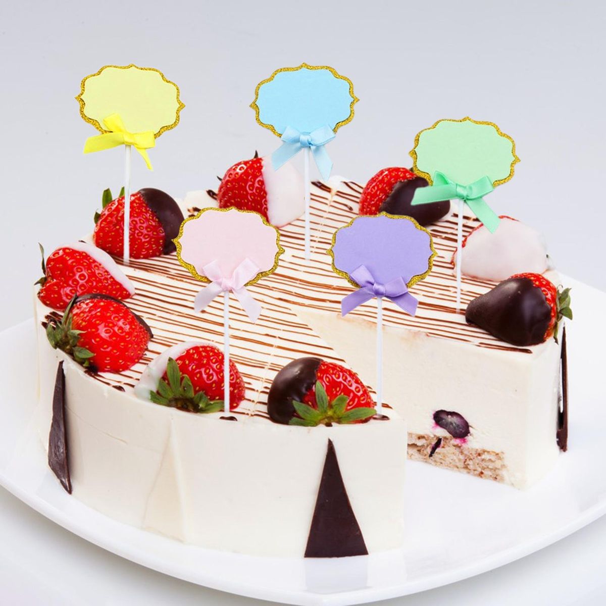 Cheese Topper 50pcs Cupcake Topper Label Marker Kit with Ribbon Mix Color