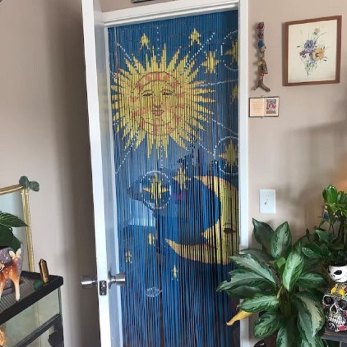 TACHILC Sun And Moon Bamboo Bead Curtain, Doorway Hanging