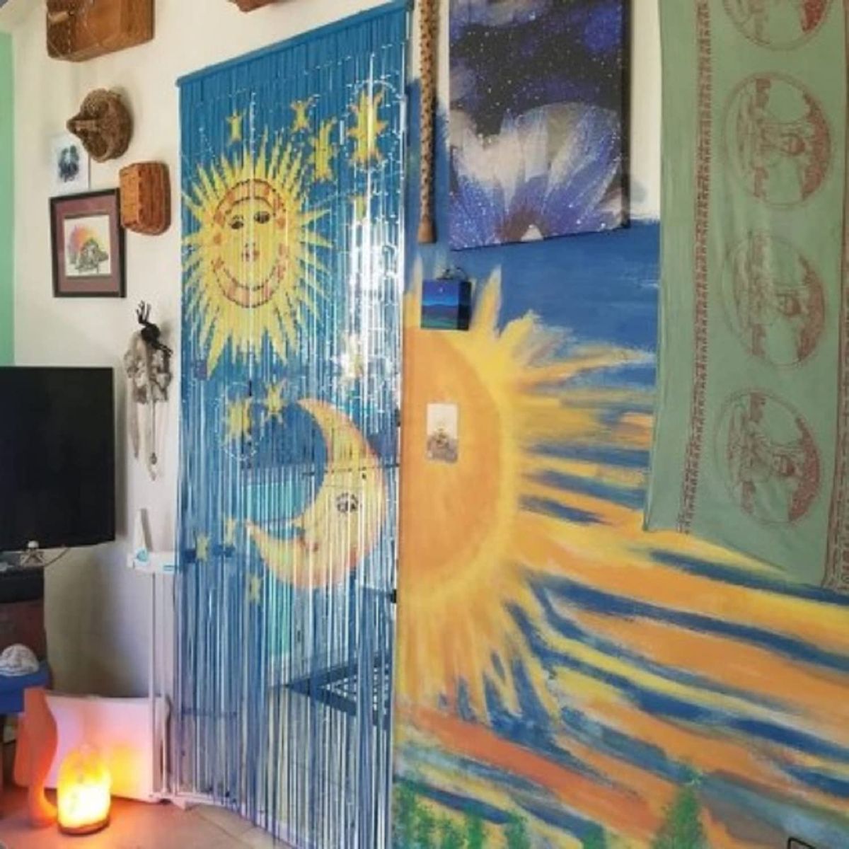 TACHILC Sun And Moon Bamboo Bead Curtain, Doorway Hanging