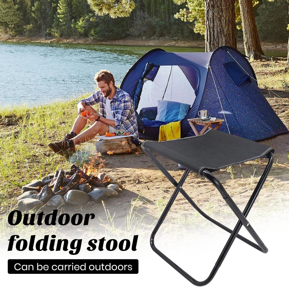 Foldable Stool Portable Foldable Camping Stool Stable for Outdoor Black