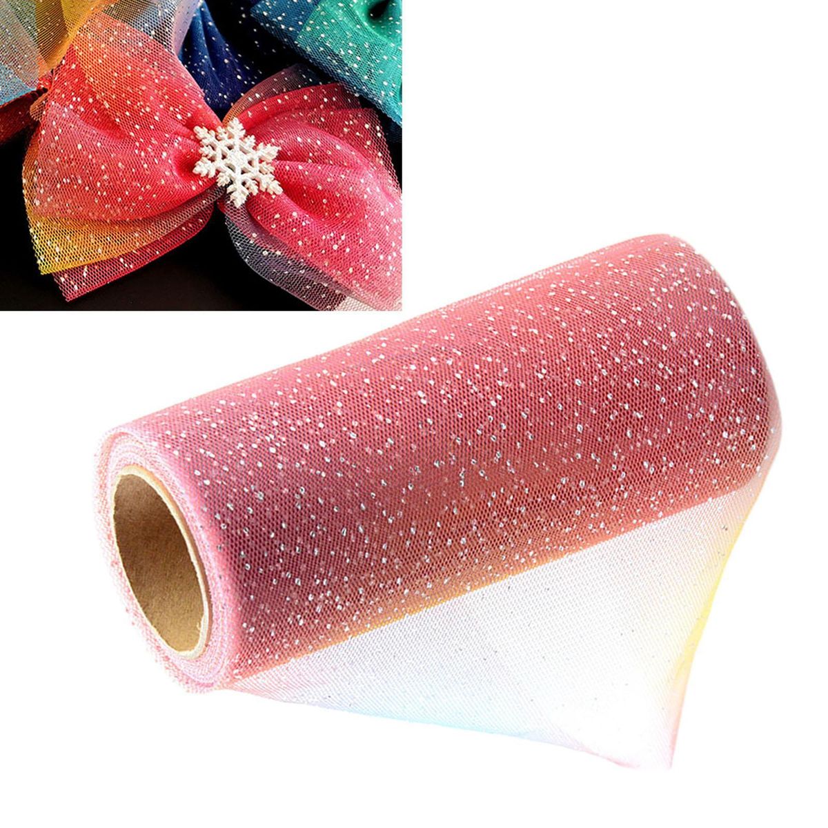 Sequin Rainbow Glitter Tulle Netting Ribbon  For Pink