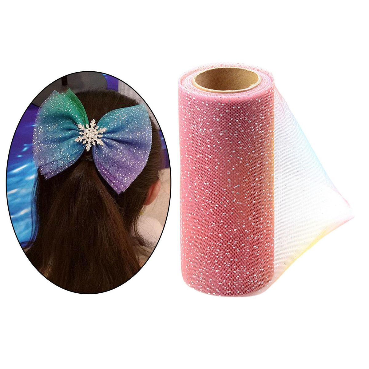 Sequin Rainbow Glitter Tulle Netting Ribbon  For Pink
