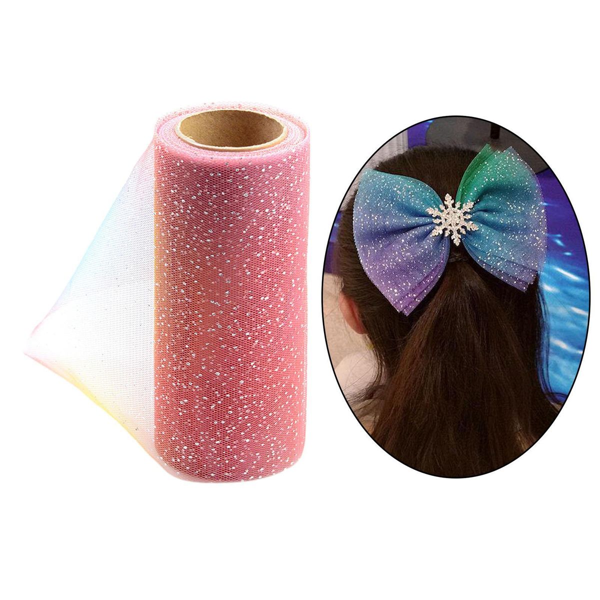 Sequin Rainbow Glitter Tulle Netting Ribbon  For Pink
