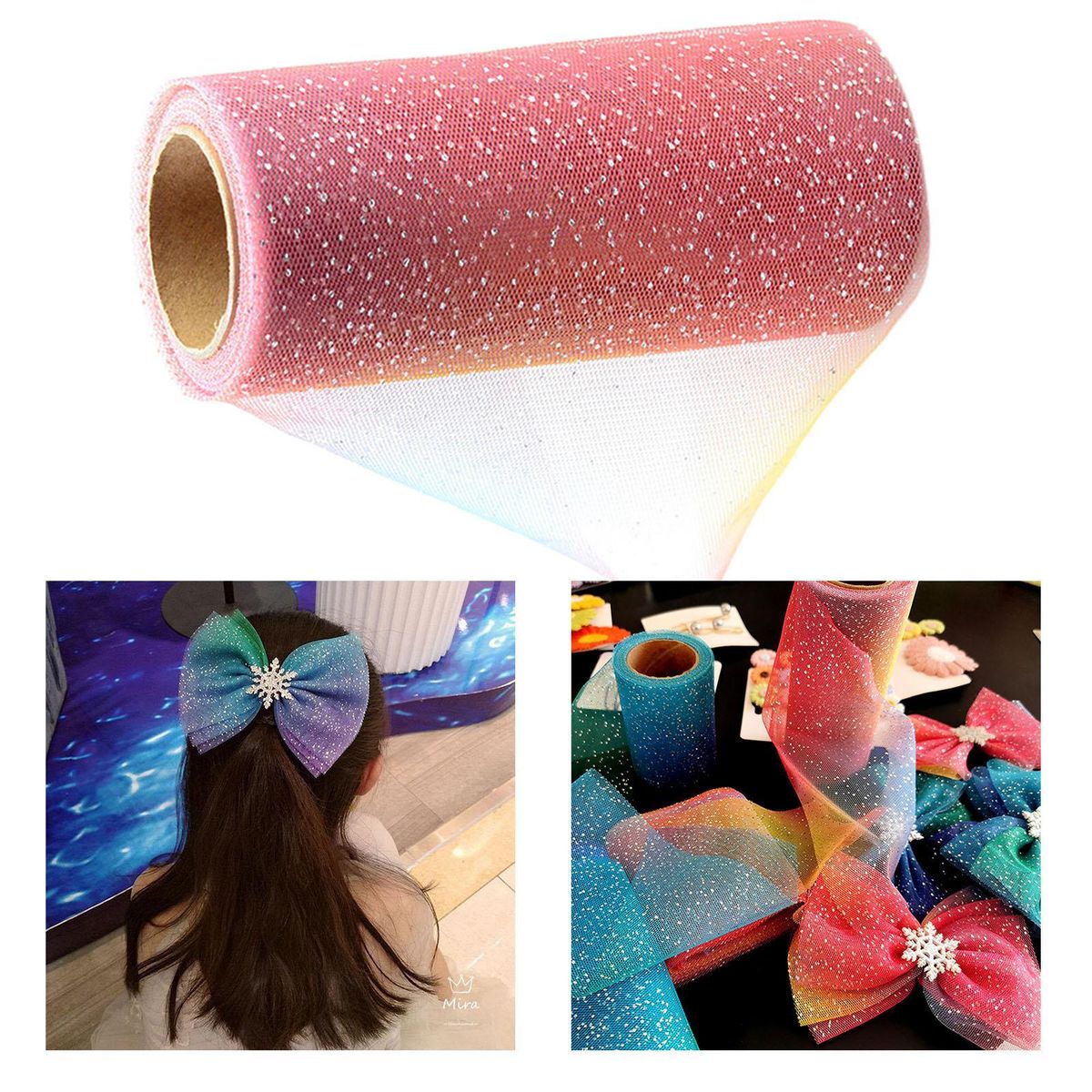 Sequin Rainbow Glitter Tulle Netting Ribbon  For Pink