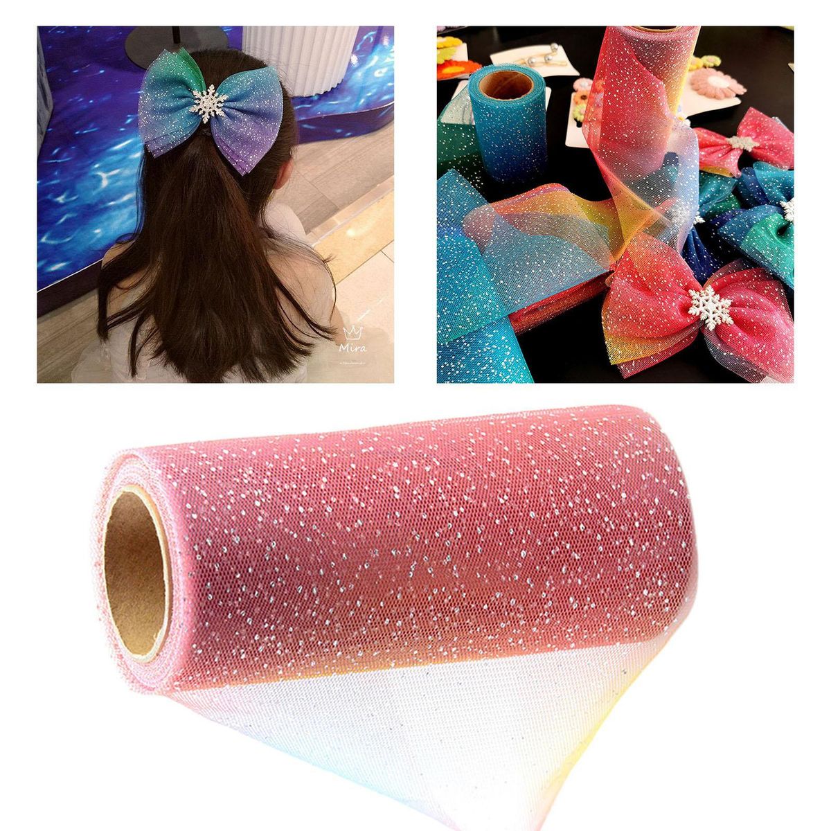 Sequin Rainbow Glitter Tulle Netting Ribbon  For Pink