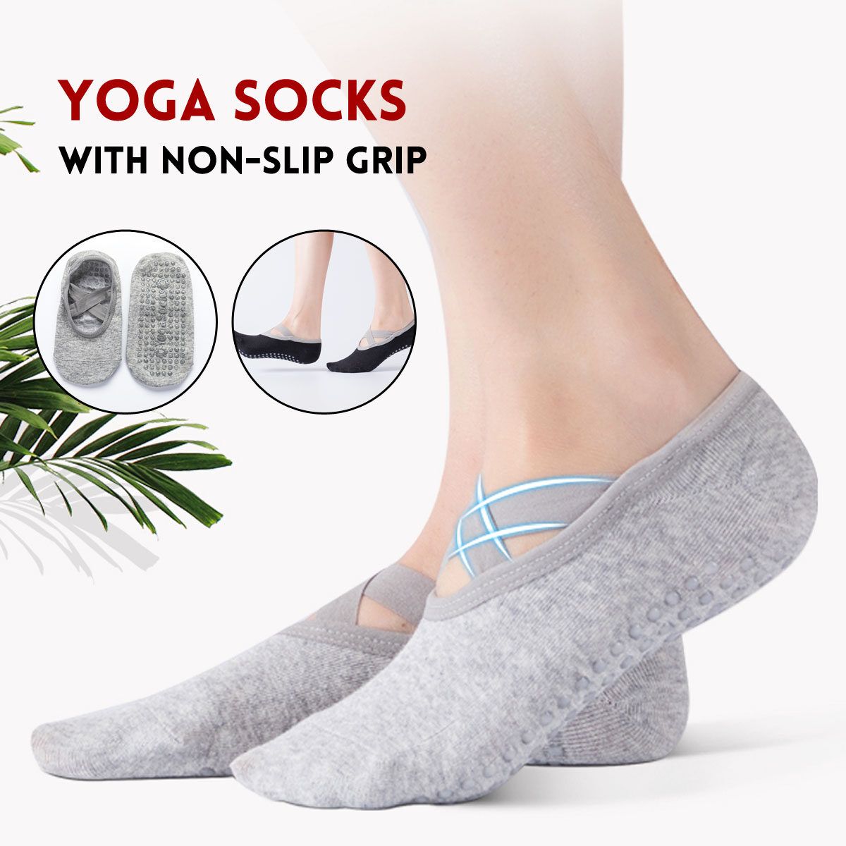 Yoga Women Sports Cotton Rich Pilates Non-Slip Grip Socks Exercise Training Grey