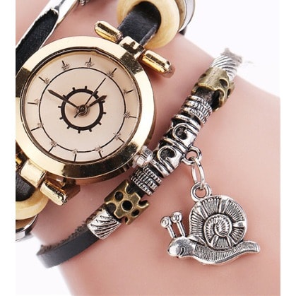 Snail Pendant Women Leather Bracelet Watch - Black