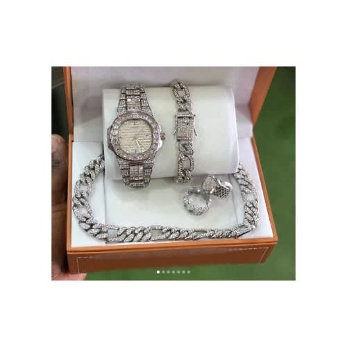 Iced Studded Wristwatch + Iced Necklace, Rings & Bracelet For Unisex