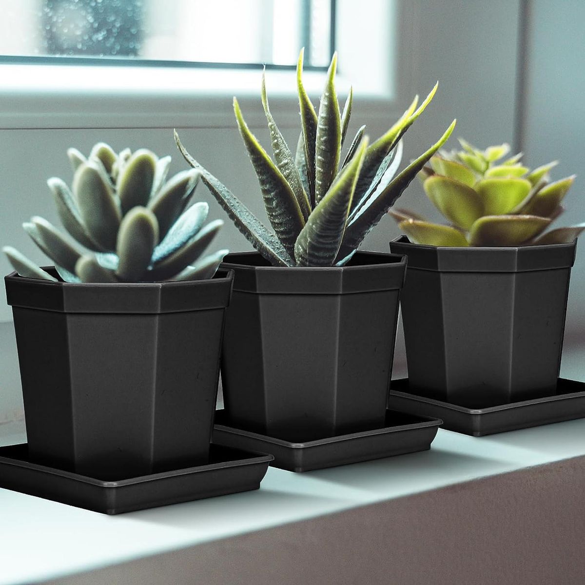 Durable Plant Tray Square Plant Saucers 5 Pack Plastic for Indoor Black