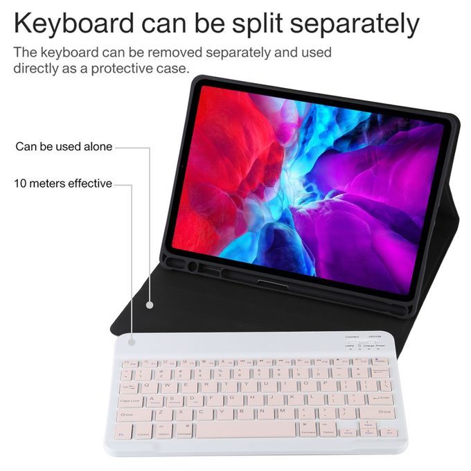TG11B Detachable Bluetooth Pink Keyboard + Microfiber Leather Protective Case For IPad Pro 11 Inch (2020), With Pen Slot & Holder (Black)
