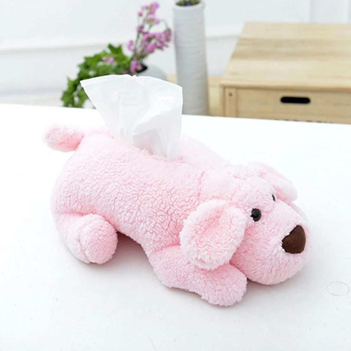 Tissue Organizer Cover Cute Plush Teddy Dog Shape Paper Container Case Pink