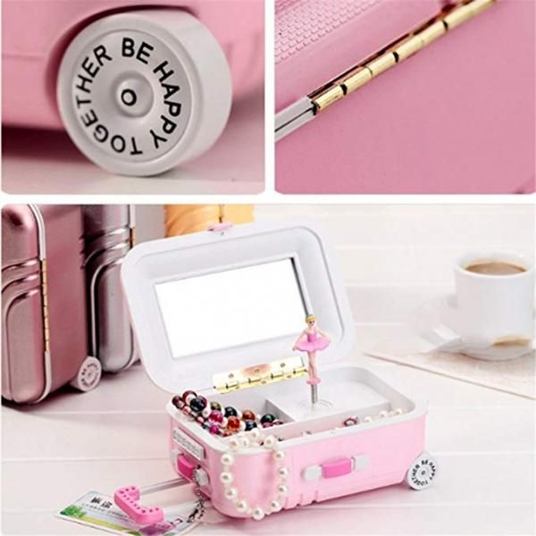 Luggage Suitcase Ballerina Music Box Jewelry Storage Case Dancing Pink