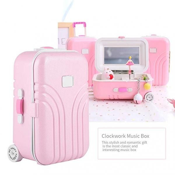 Luggage Suitcase Ballerina Music Box Jewelry Storage Case Dancing Pink