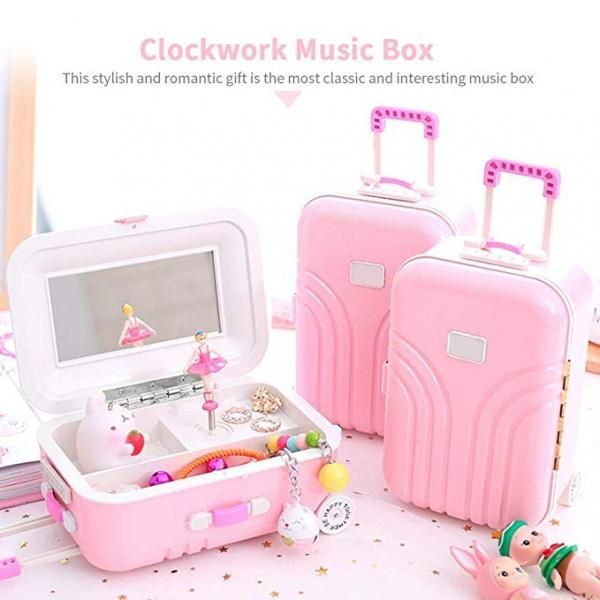 Luggage Suitcase Ballerina Music Box Jewelry Storage Case Dancing Pink