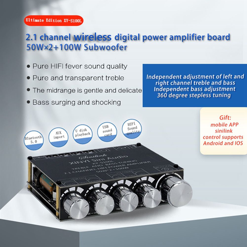 Bluetooth 5.0 2.1 Channel Power Audio Amplifier Stereo Subwoofer Amplifier Board 50WX2+100W Speaker AMP XY-S100L