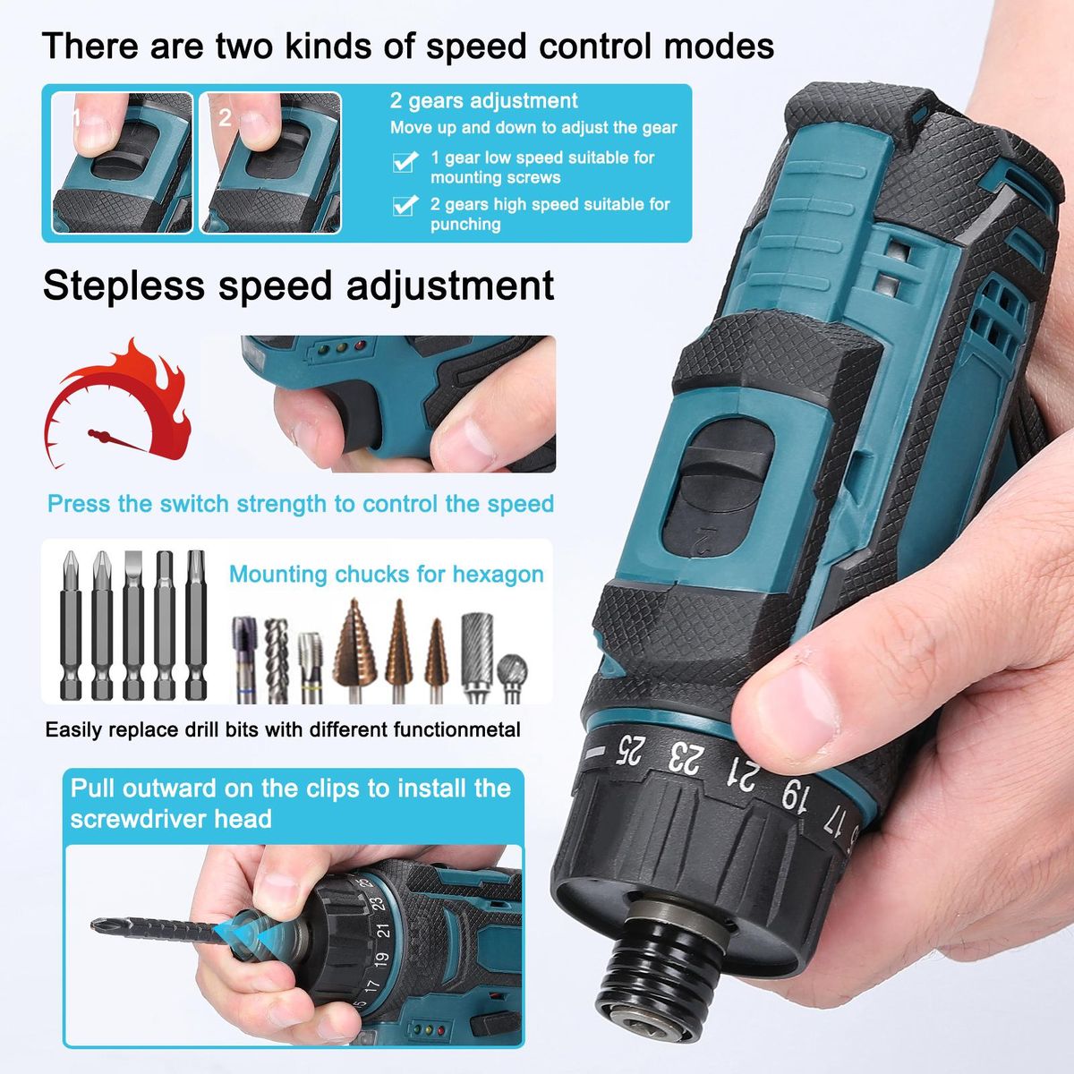 12 V Lithium Screwdriver Torque Adjustable 2 Speed Control Modes Multifunctional Repairing Tool Kit Brush Motor Electric Screw Driver for Mobilephones Computers Home Appliances