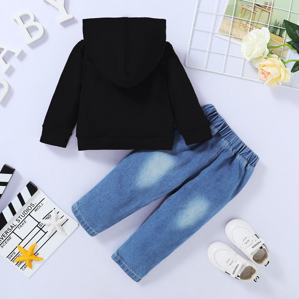 Kid Boys Denim Outfit Letter Print Long Sleeve Hoodie With Fashion Ripped Deisgn Jeans