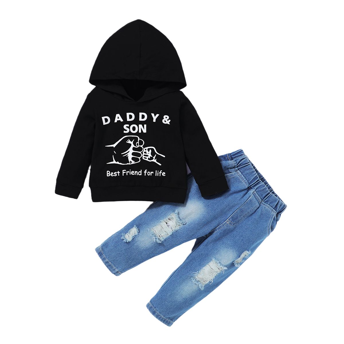 Kid Boys Denim Outfit Letter Print Long Sleeve Hoodie With Fashion Ripped Deisgn Jeans