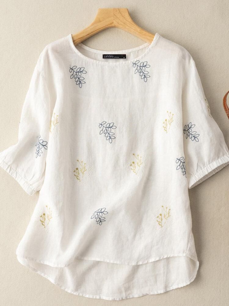 Leisure Embroidered Ruched Round Neck Short Sleeve Cotton Blouse
