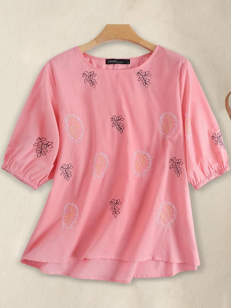 Leisure Embroidered Ruched Round Neck Short Sleeve Cotton Blouse