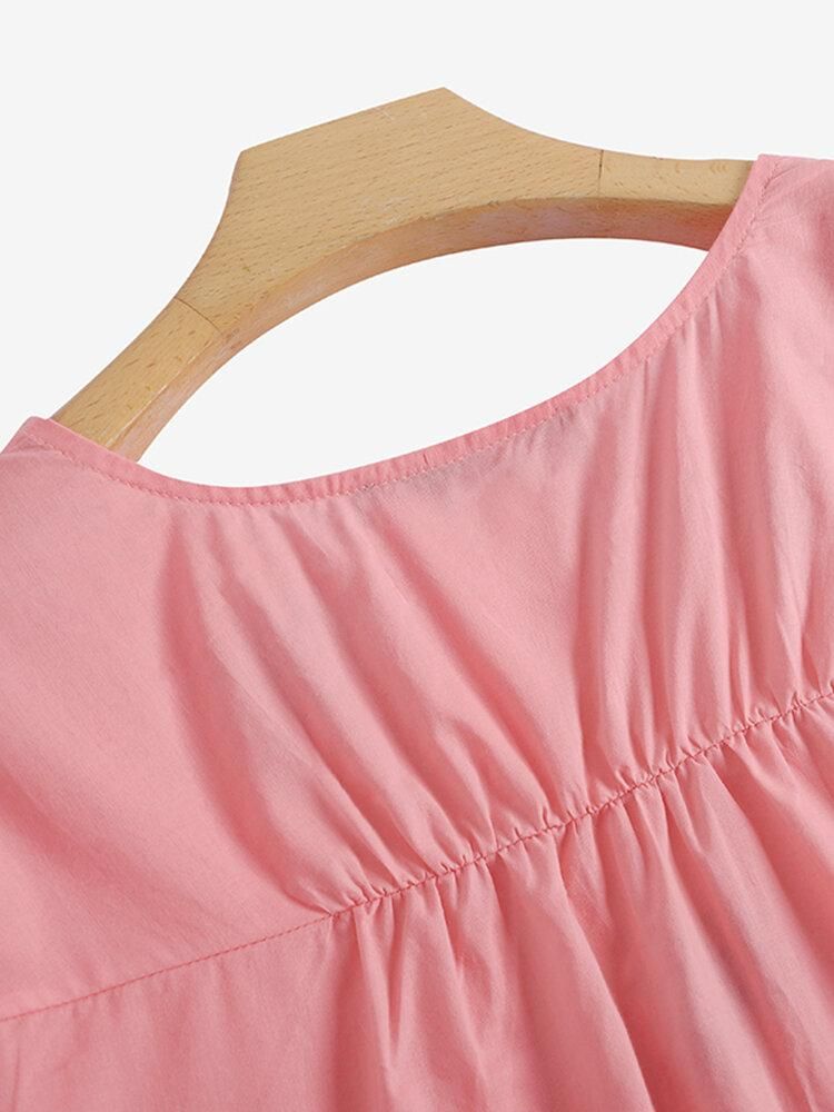 Leisure Embroidered Ruched Round Neck Short Sleeve Cotton Blouse