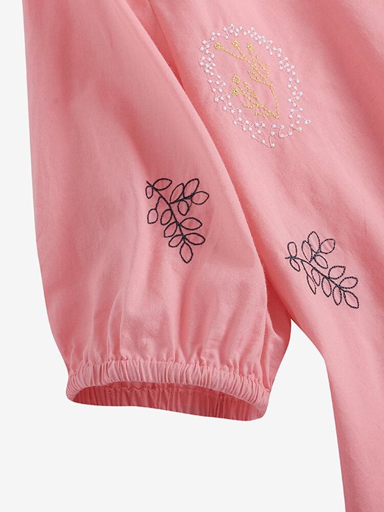Leisure Embroidered Ruched Round Neck Short Sleeve Cotton Blouse