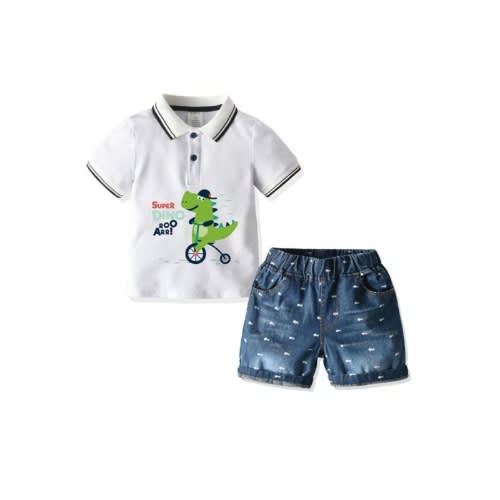 Two Pieces Boy's Dinosaur Polo Shirt With Fish Denim Shorts