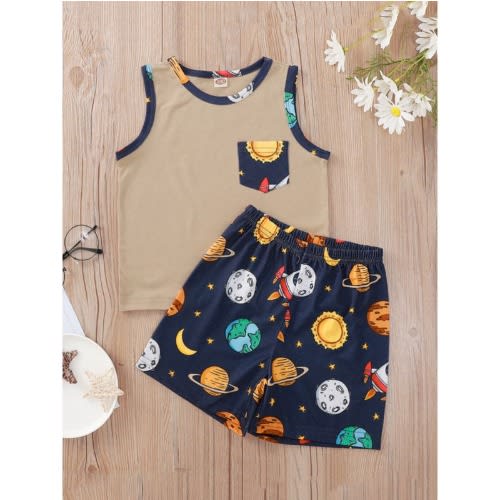 2 Pieces Kid Boy Space Print Set Tank Top With Shorts