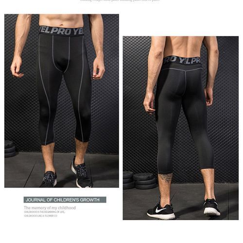 Men Sport Cropped Trousers,High Waist Leggings Sport Pants Tights（Black Gray）
