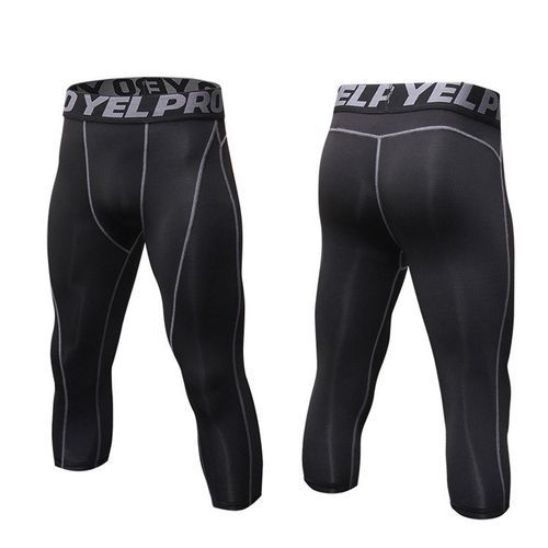 Men Sport Cropped Trousers,High Waist Leggings Sport Pants Tights（Black Gray）