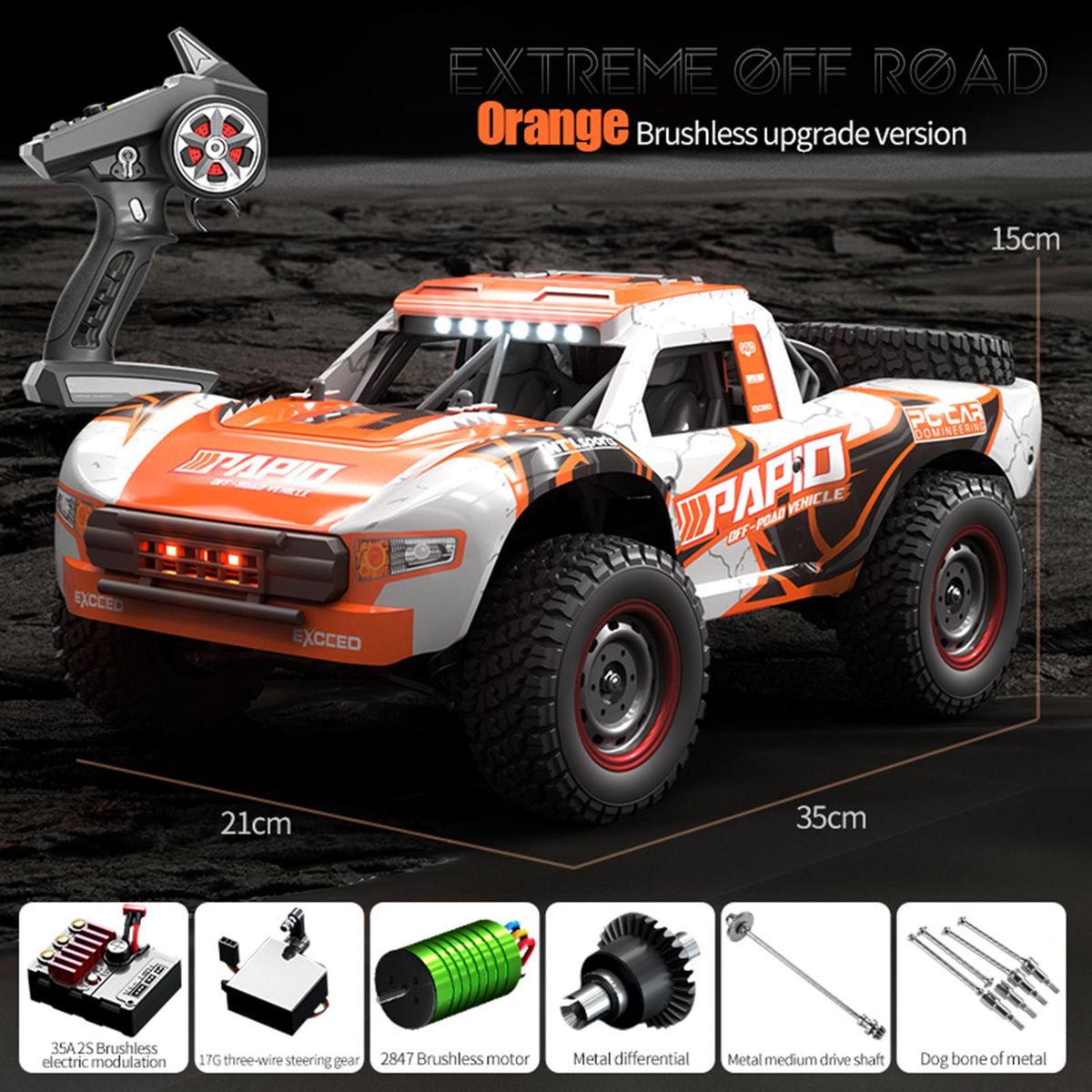 Remote Control Car 4WD Off-road Car Brushless Truck 2.4GHz Full Proportional High Speed 70km/h Off-Road Remote Control Car Gifts for Kids Adults 3 Light Modes 3 Battery