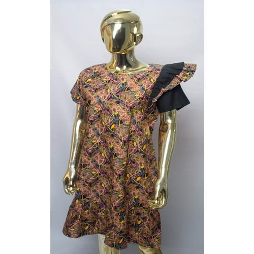 Shoulder Frill Gathered Hem Dress