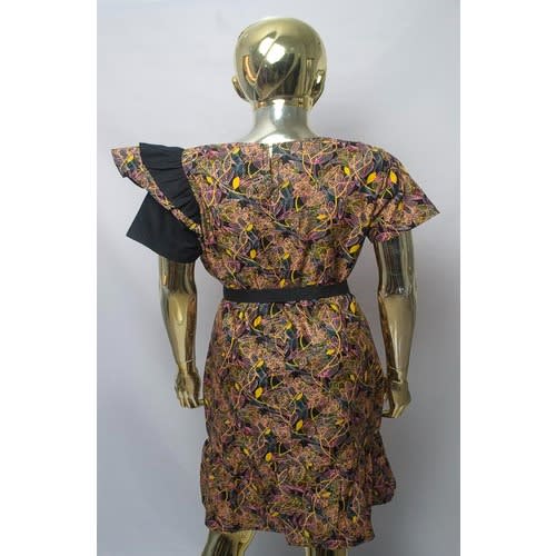 Shoulder Frill Gathered Hem Dress