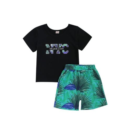 2-piece Kid  Print Tee And Tropical Print Shorts Set