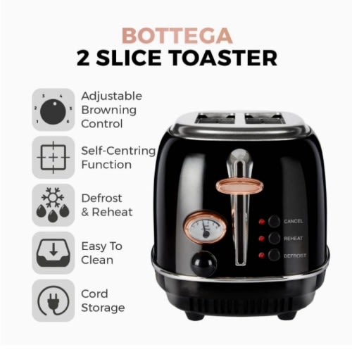 Bottega 2 Slice Toaster With Removable Crumb Tray - 810w - Black