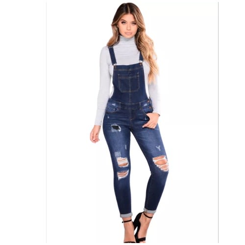 Wash Distressed Denim Overall - Dark Blue