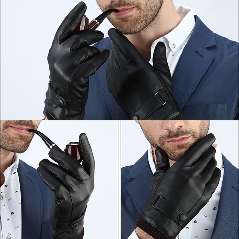 Men's Gloves Black Winter Mittens Keep Warm Touch Screen Windproof Driving Guantes Male Autumn Winter PU Leather Gloves Business(#Black1)
