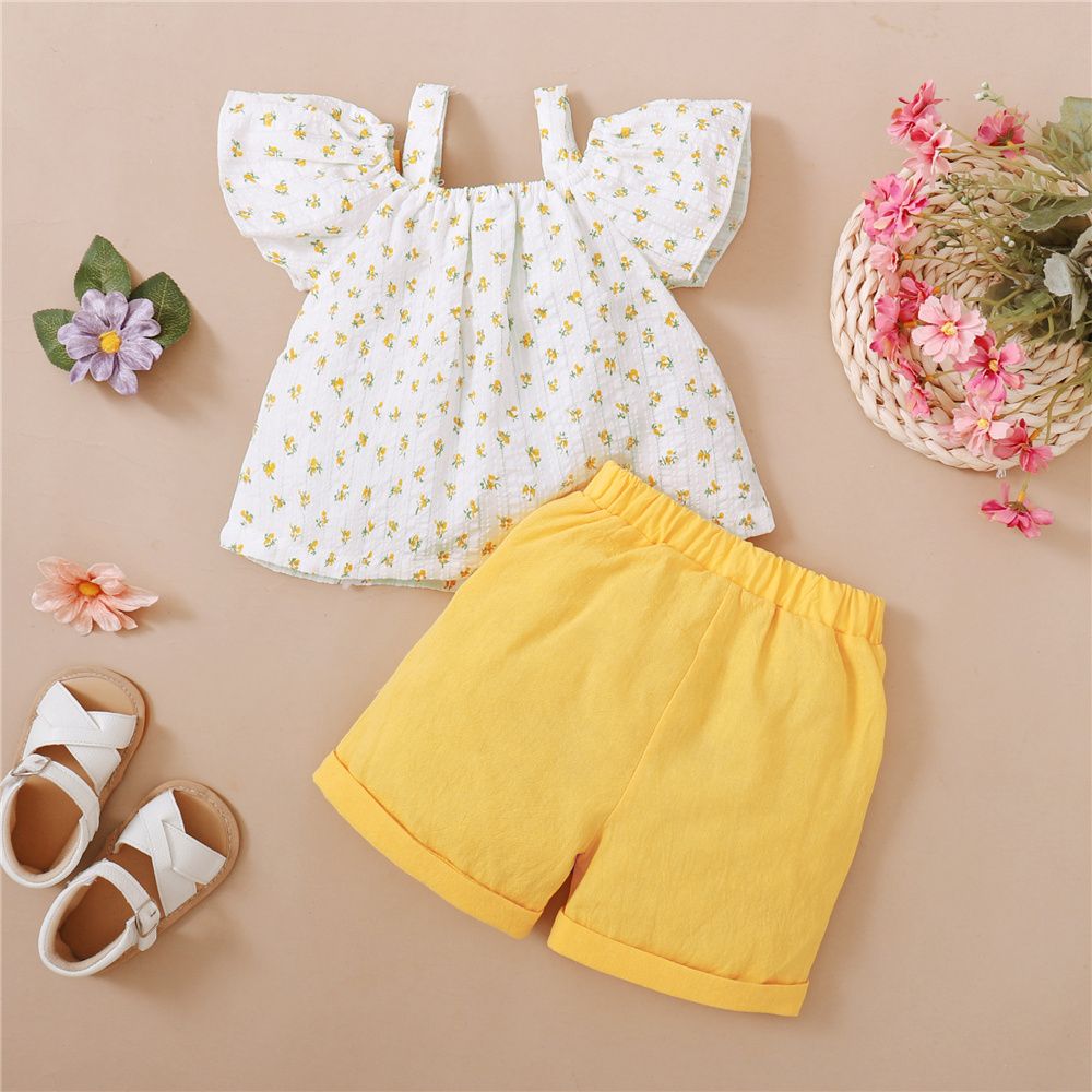 Kid Girl Floral Off Shoulder Short Sleeve Tops+Solid Shorts
