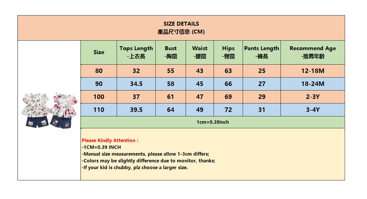 1-4Y Kid Girls Floral Short Sleeves Blouse Denim Short Pants