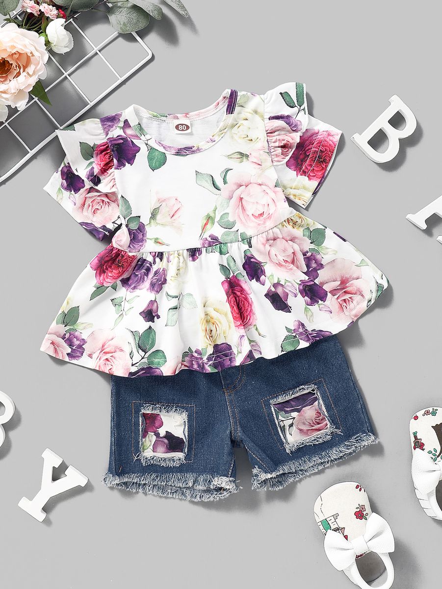 1-4Y Kid Girls Floral Short Sleeves Blouse Denim Short Pants
