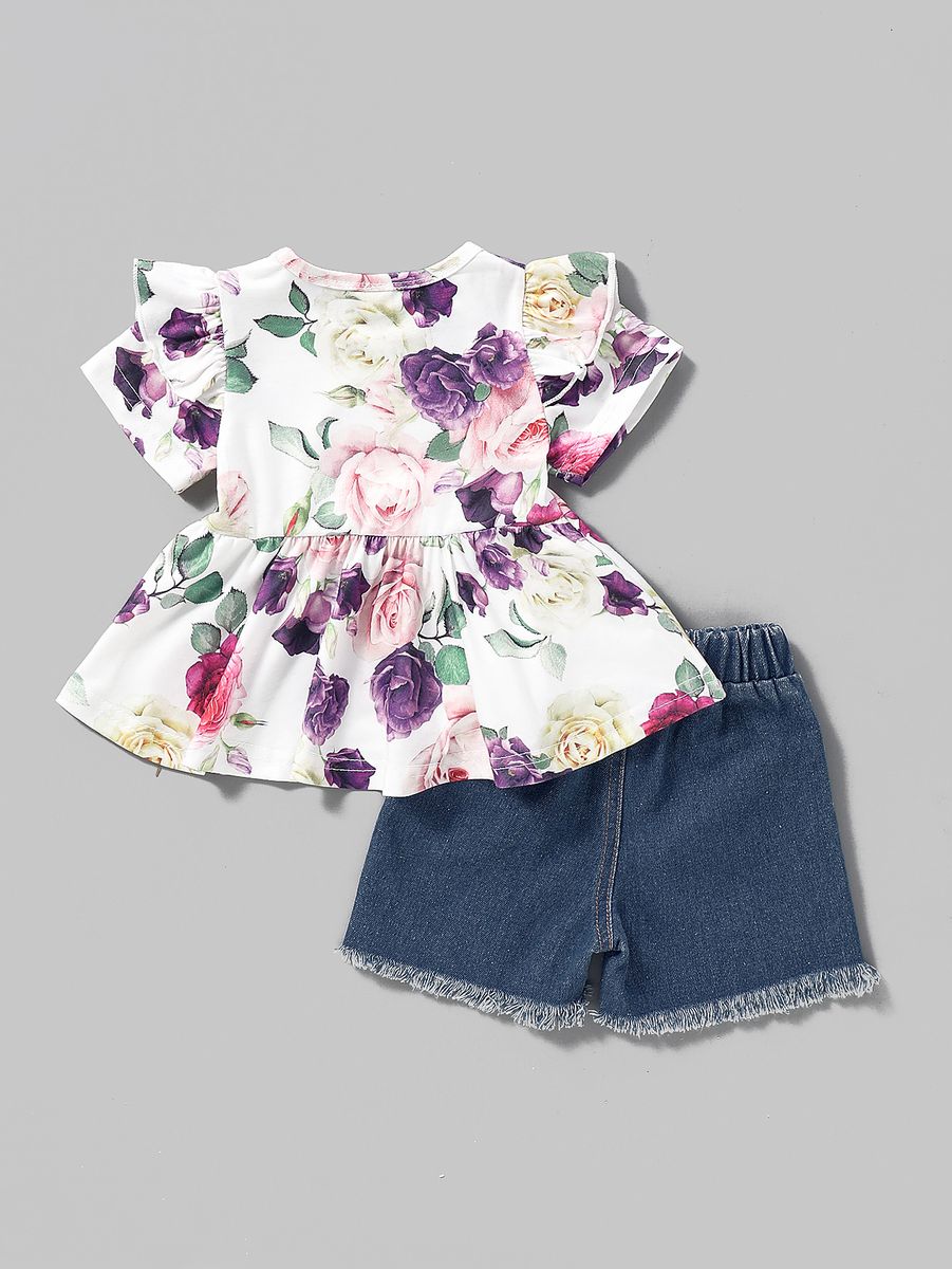 1-4Y Kid Girls Floral Short Sleeves Blouse Denim Short Pants