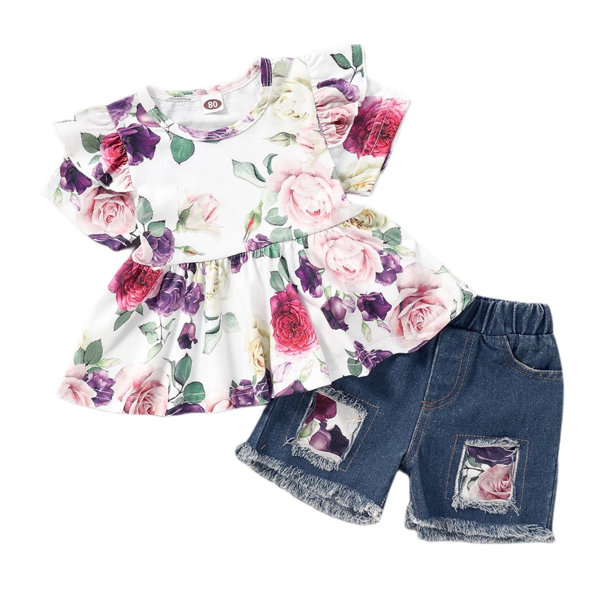 1-4Y Kid Girls Floral Short Sleeves Blouse Denim Short Pants