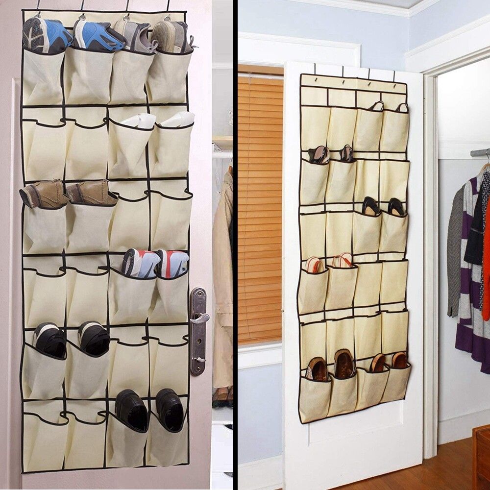 Door Shoe Organizer 24 Large Pocket Shoe Rack Over The Door Complete With 4 Strong Metal Over Door Hooks Home Storage Shoe Space Saver Shoe Storage 50x160cm Apricot