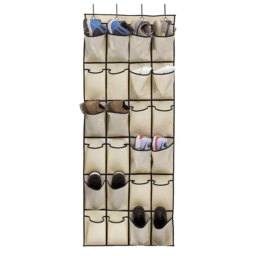 Door Shoe Organizer 24 Large Pocket Shoe Rack Over The Door Complete With 4 Strong Metal Over Door Hooks Home Storage Shoe Space Saver Shoe Storage 50x160cm Apricot