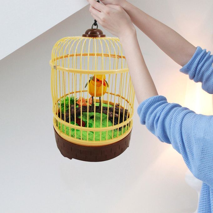 Realistic Sound Activated Singing & Chirping Toy Bird In A Cage Yellow
