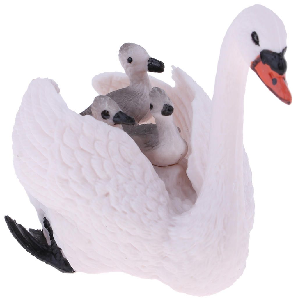 Cute White Swan Babies On Back Wild Animal Figurines Collection Kids