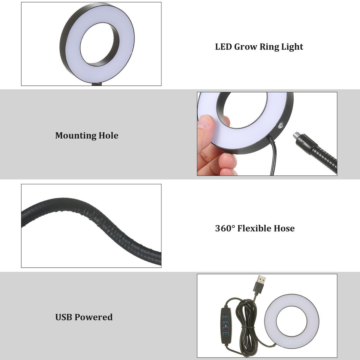 LED Grow Ring Light for Indoor Plants with 3 Light Modes 10 Levels Brightness USB Powered Inserted Plant Growing Lamps with Flexible Metal Hose for Succulent Plants Seedlings Flowers