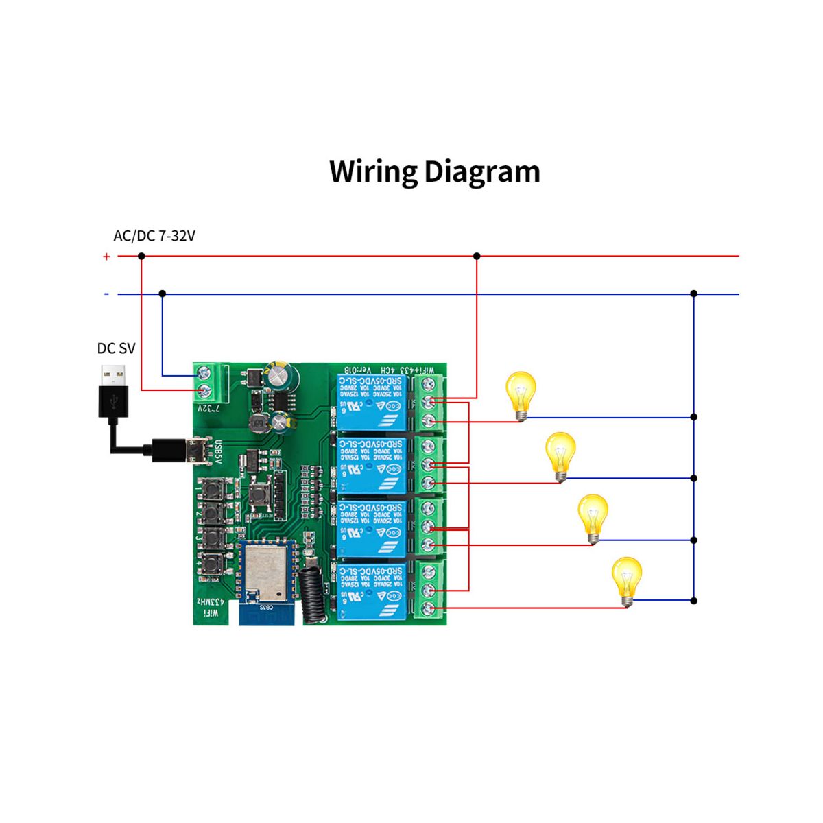 4CH Tuya WiFi Smart Switch DIY Timer+Remote 7-32V USB 5V